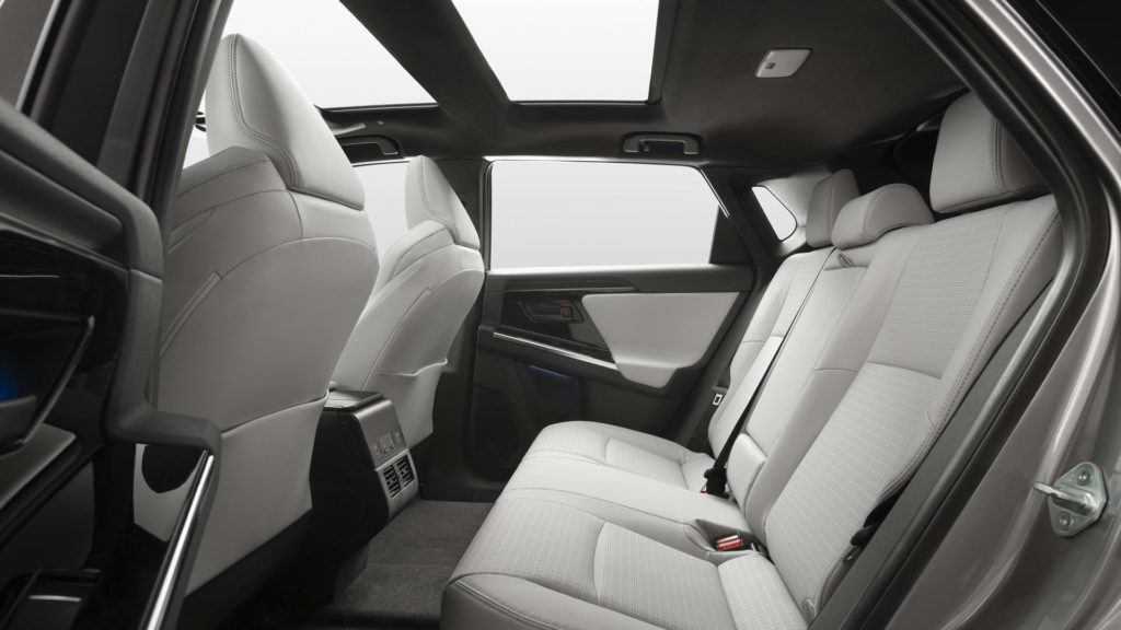 Rear seats in Toyota bZ4X electric car.